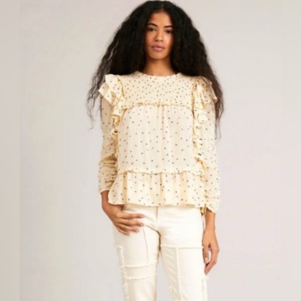 New Munthe Crisp Embroidered Ruffle Blouse – Creme, Size 36 (US 6)